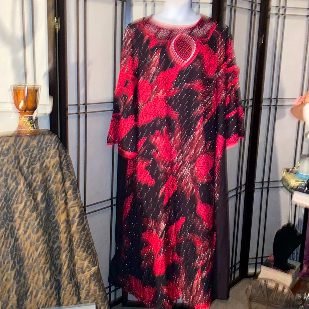 Red, black & white flowery dress